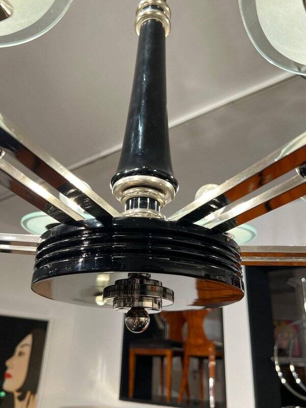 Chandelier Art Déco en laque noire et verre, 1930