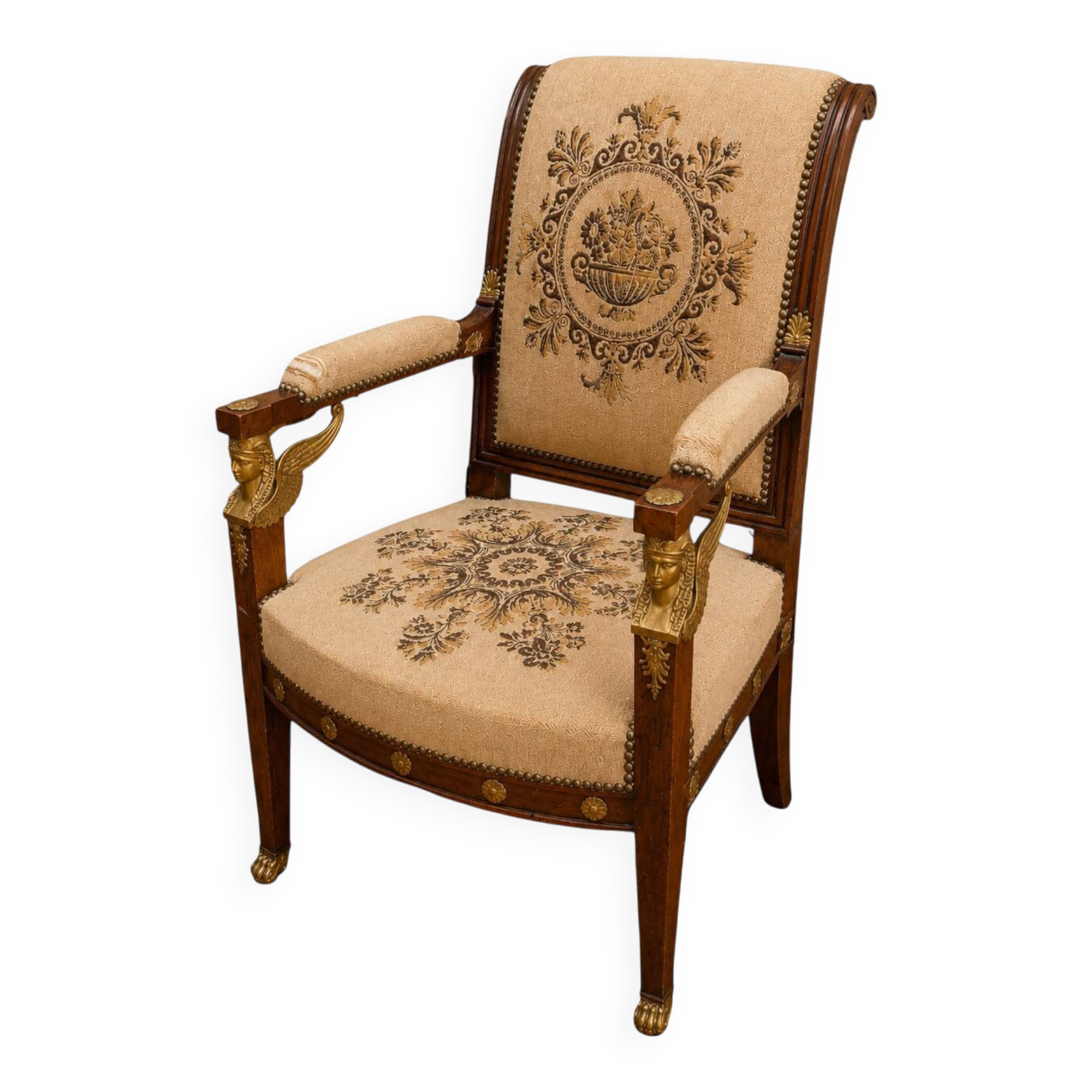 Fauteuil époque Empire en acajou à têtes d'égyptiennes, début XIXe siècle