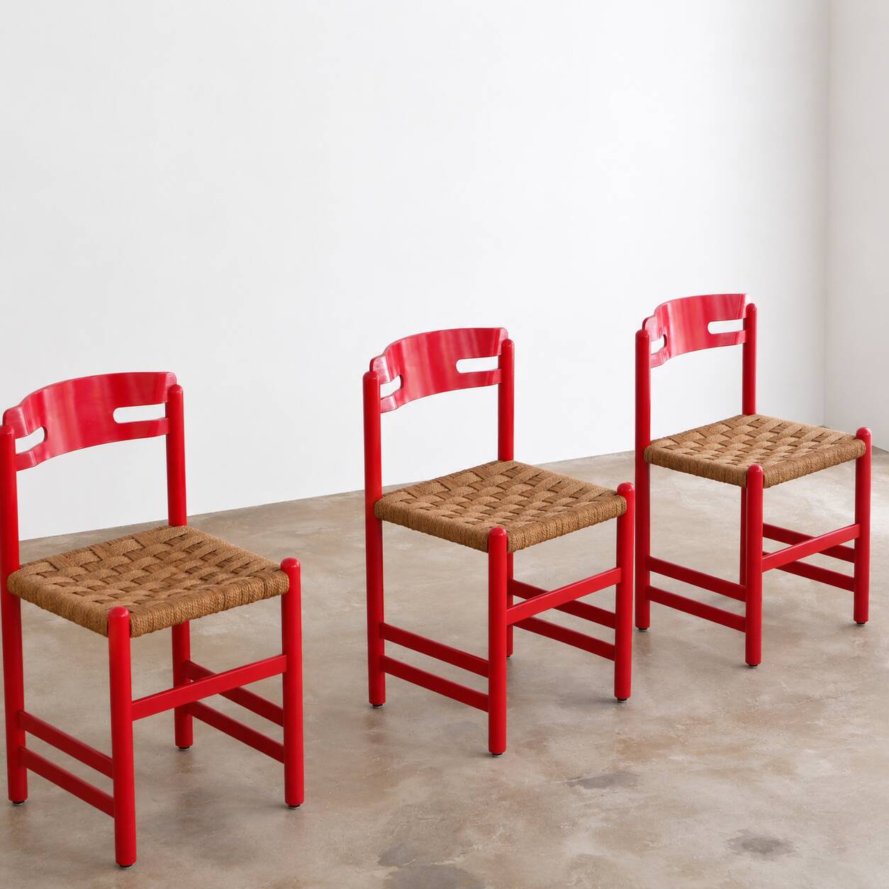 Set of 3 Swedish dining chairs in red with papercord weaving