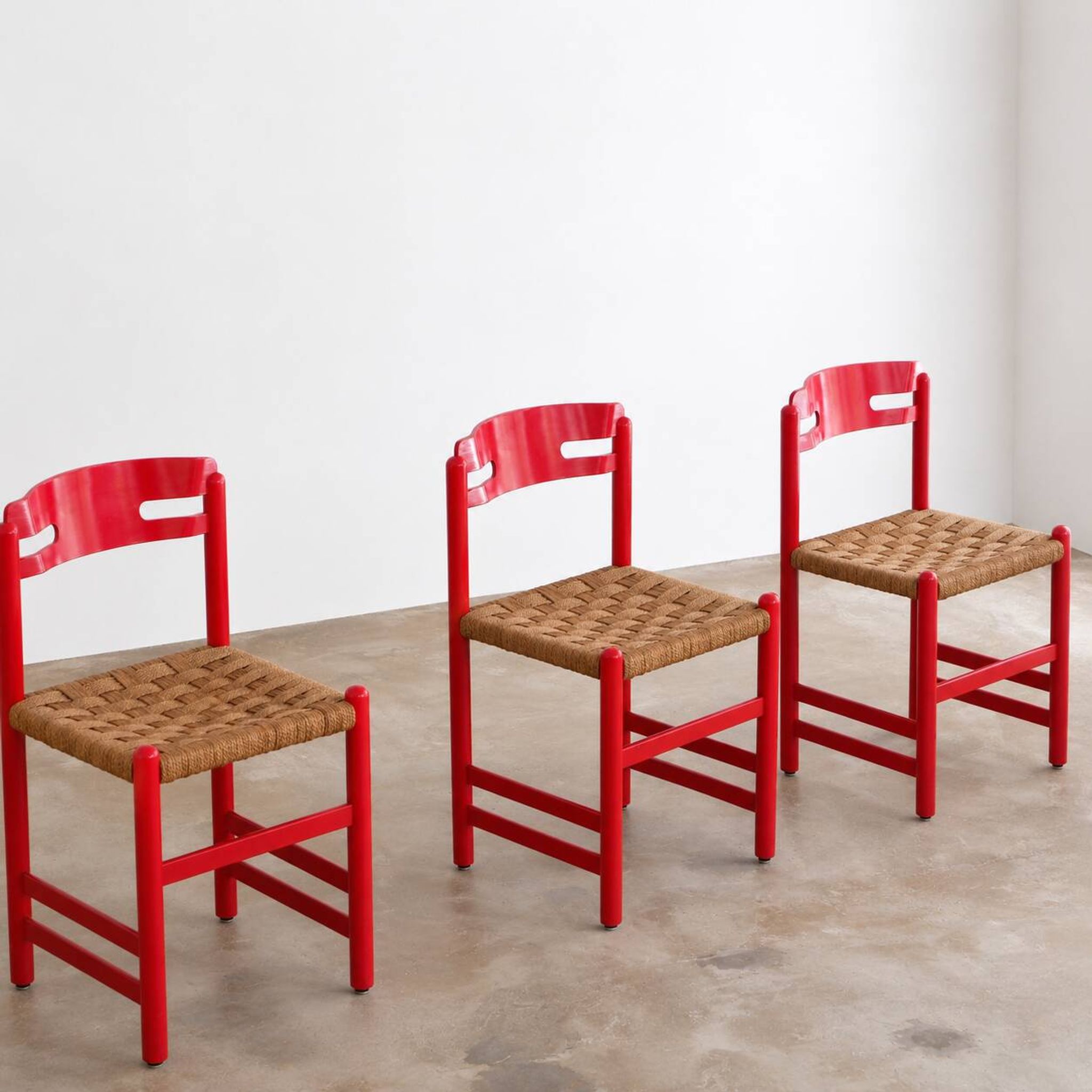 Set of 3 Swedish dining chairs in red with papercord weaving