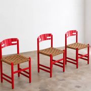 Set of 3 Swedish dining chairs in red with papercord weaving