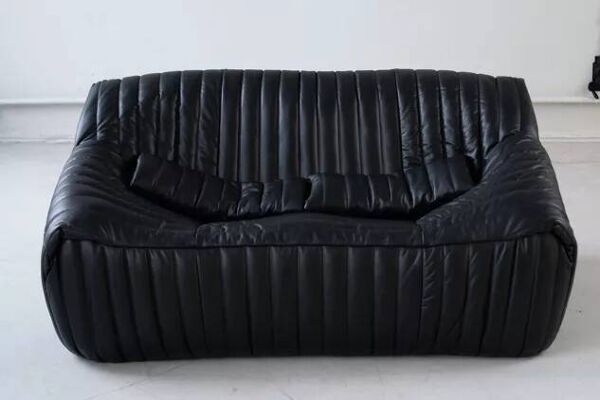 Canapé 2 places Cinna Ligne Roset en cuir noir attribué à Annie Hieronimus, années 1970
