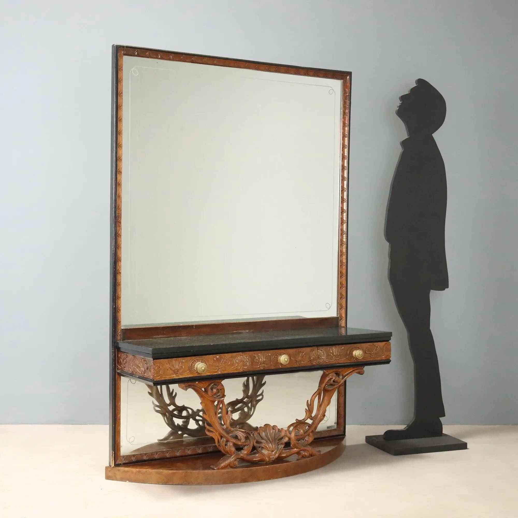 Antique console with a walnut mirror and green marble, Italy, 20th century.
