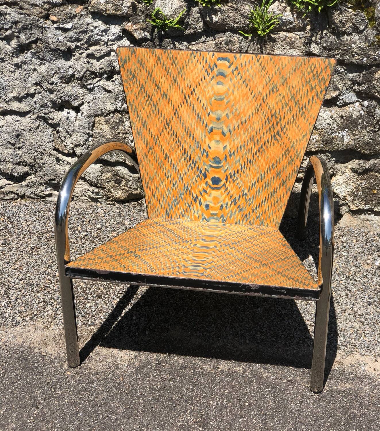 Pair of 2 atypical armchairs wood, chrome and leather vintage 1980
