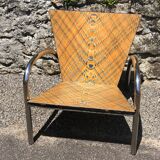 Pair of 2 atypical armchairs wood, chrome and leather vintage 1980