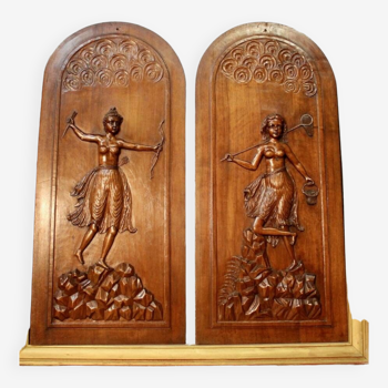 Pair Of Walnut Panels "Bow And Butterfly Hunters"