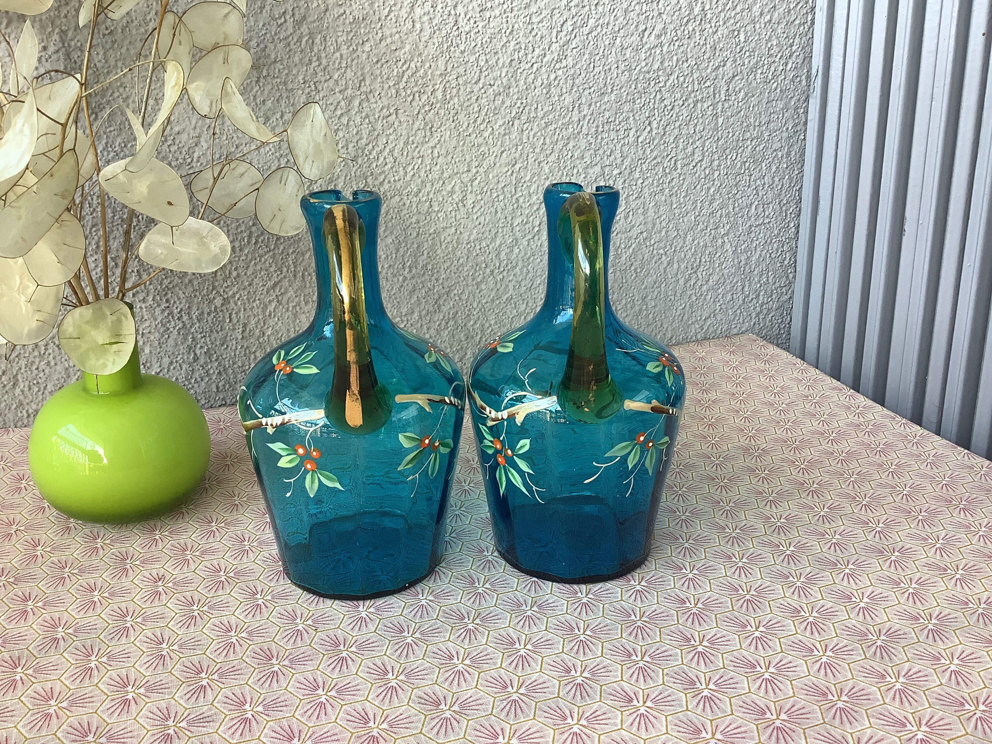 19th century enamelled blown glass liqueur decanters, called Georges Sand