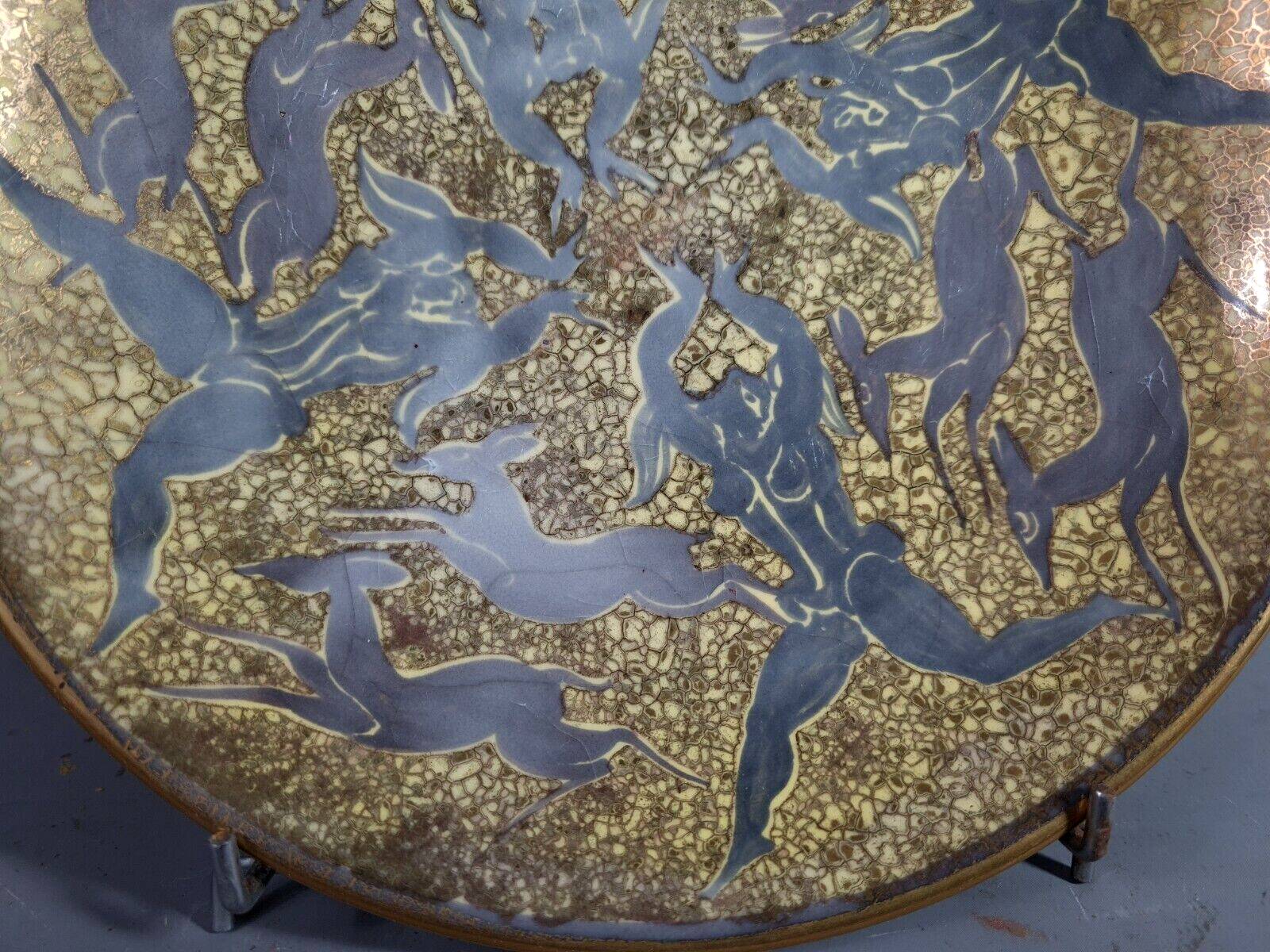 Jean Mayodon glazed ceramic cut decoration women and deer Signed SB