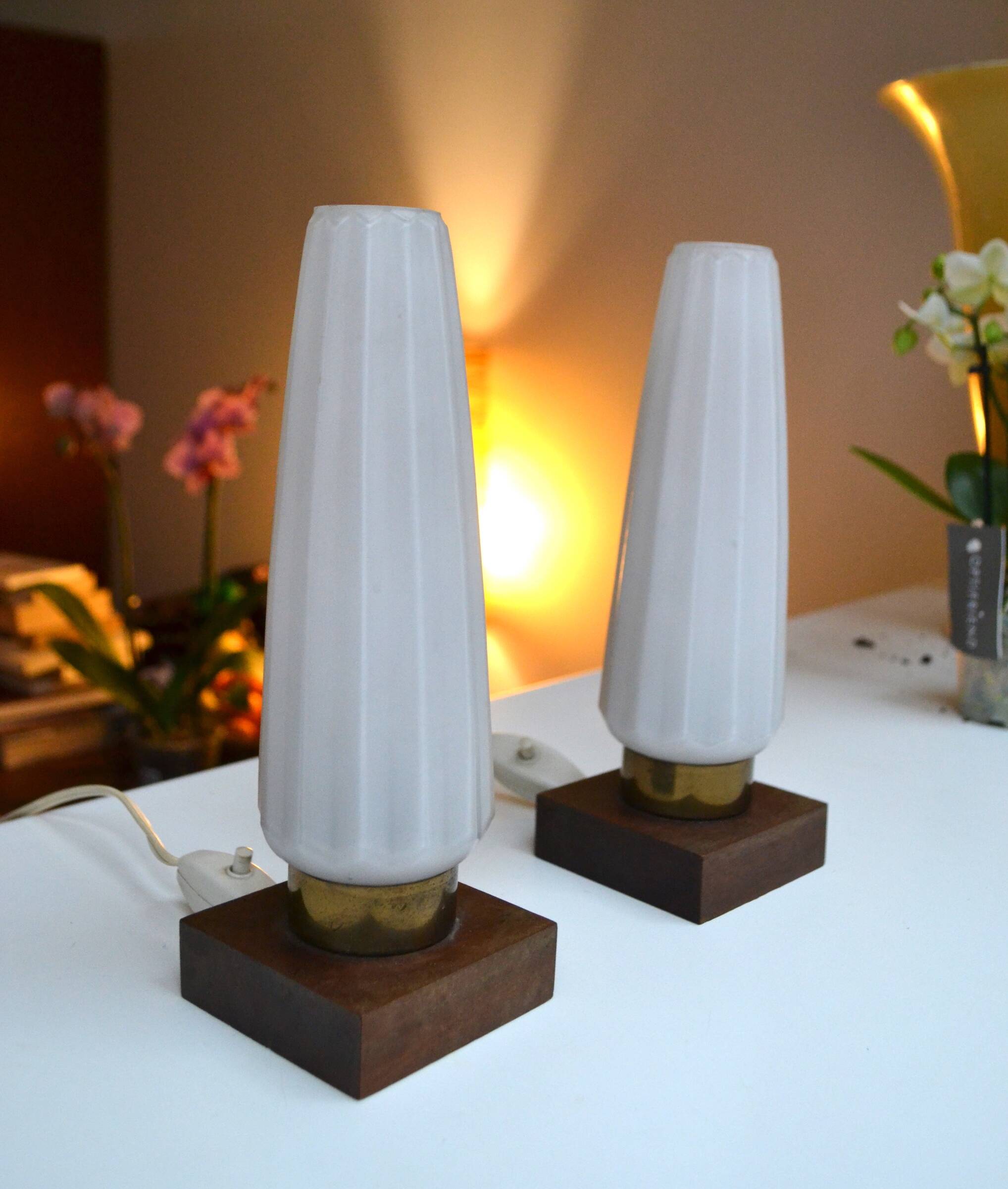 Pair of Scandinavian opaline teak bedside lamps