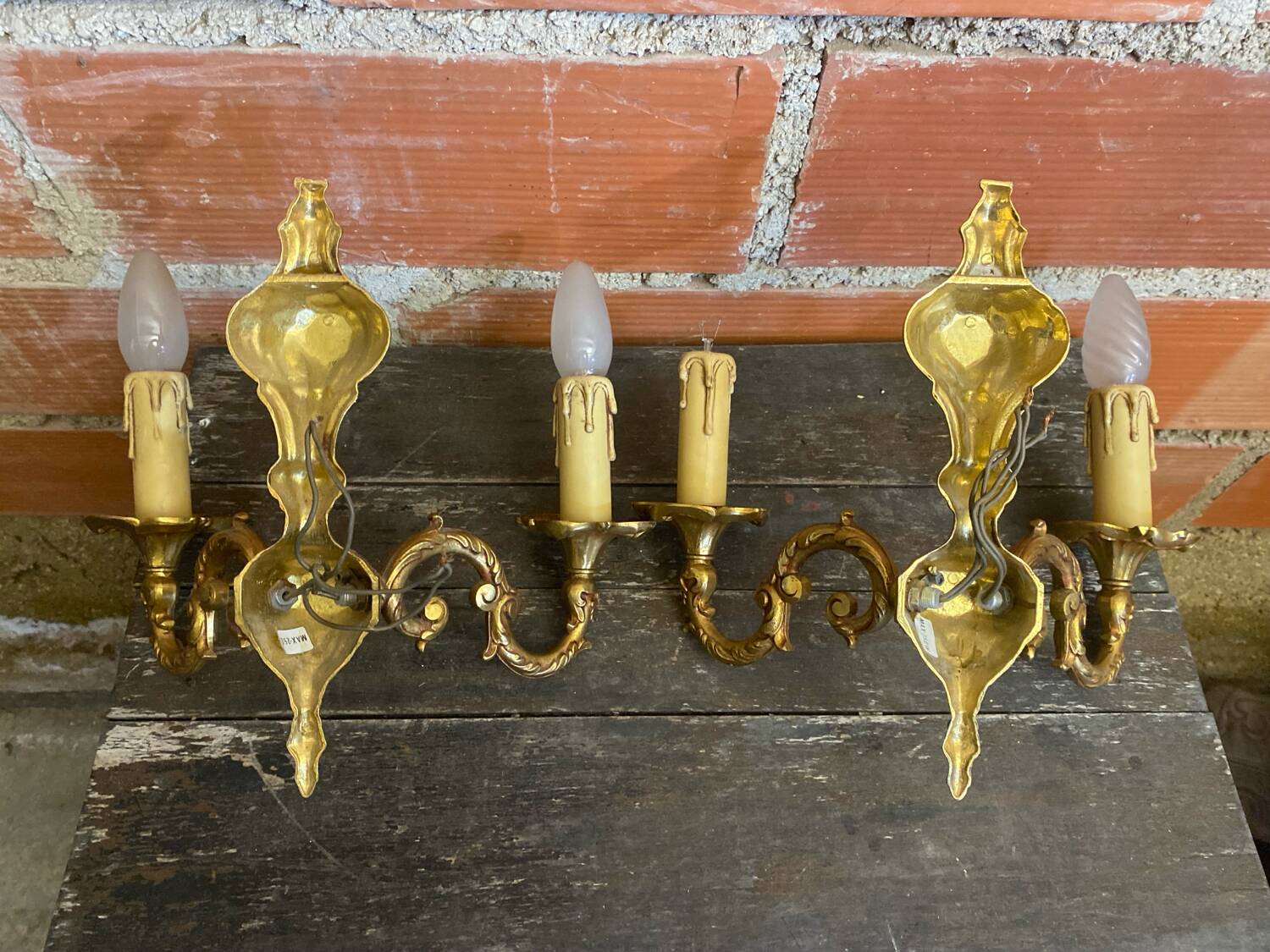 Pair of Double Wall Lights in Antique Louis XV Style, Gilded Bronze Vintage #D67