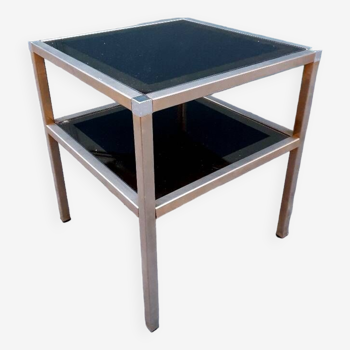 Square side table in black glass and matte gold brushed metal, 1970s