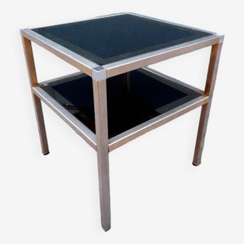 Table d'appoint carrée en verre noir et métal brossé doré mat, 1970