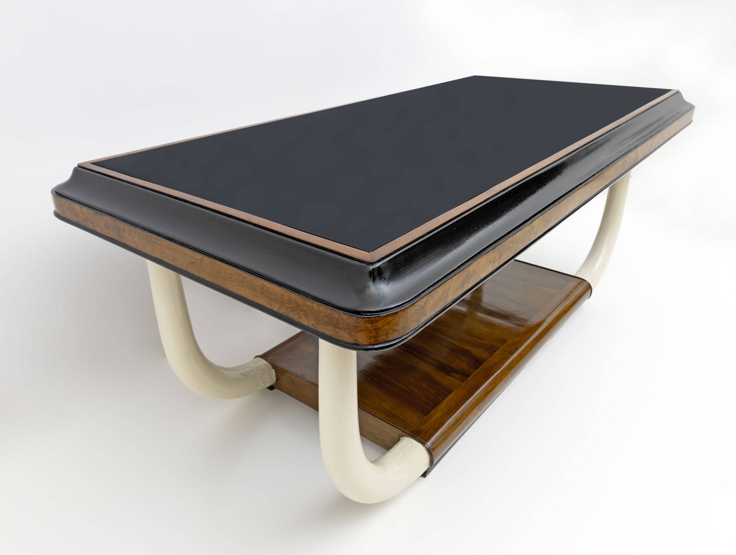 Art Deco Italian Walnut and Top Glass Table with Elephant Tusk Legs, 30s