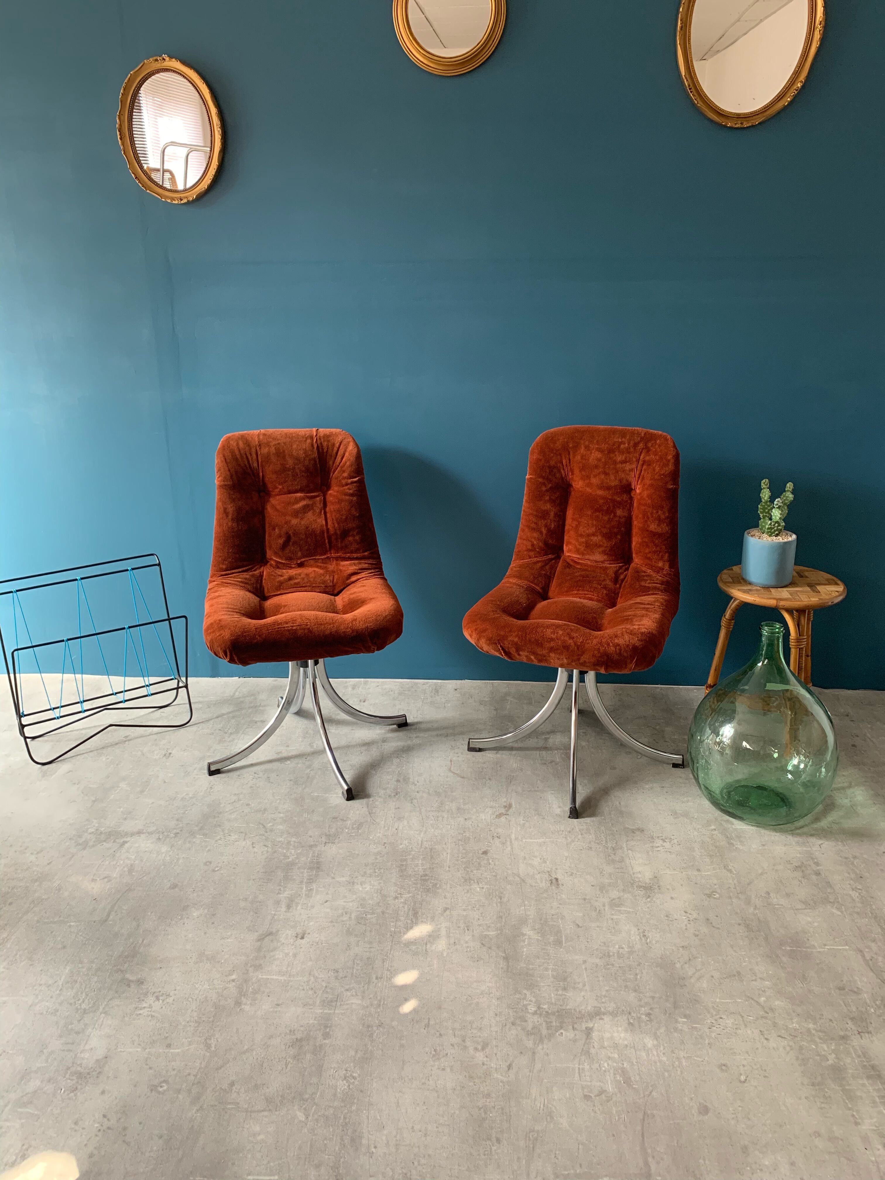 Series of 6 velvet/chrome swivel chairs from the 70s