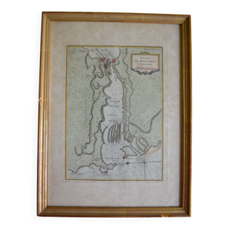 Martigues pond Old geographical map 18th century engraving 1764 by Bellin