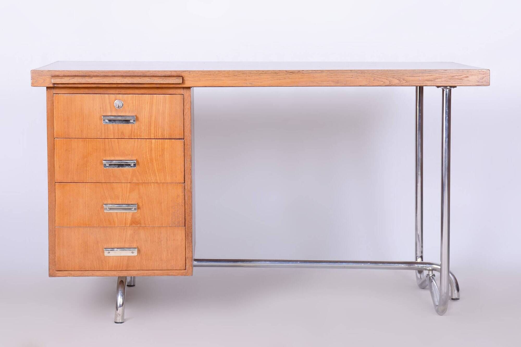 Restored Bauhaus Oak Writing Desk, Hynek Gottwald, Chrome, Czechia, 1930s