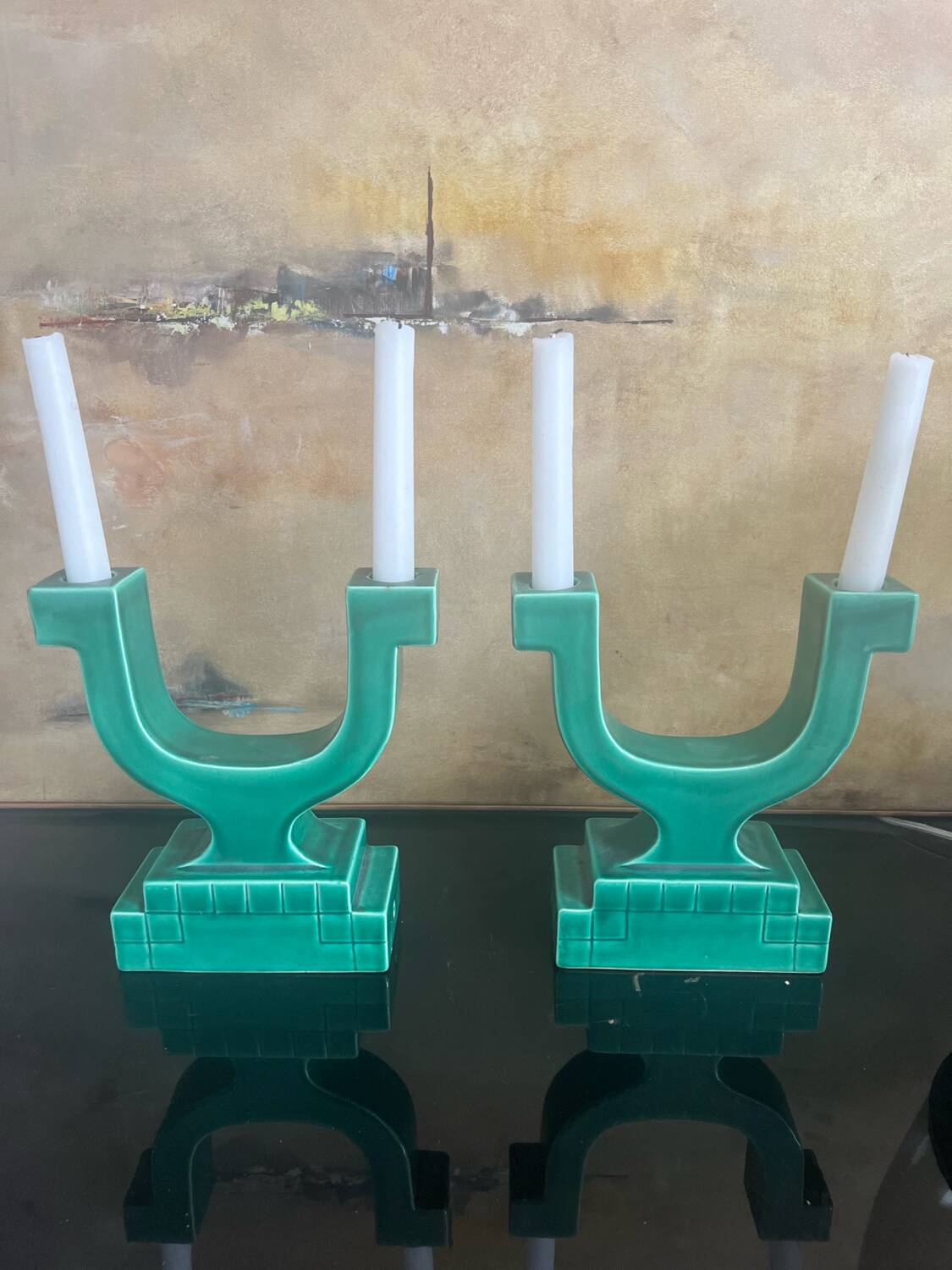 Set of 2 Art Deco candlesticks in green earthenware