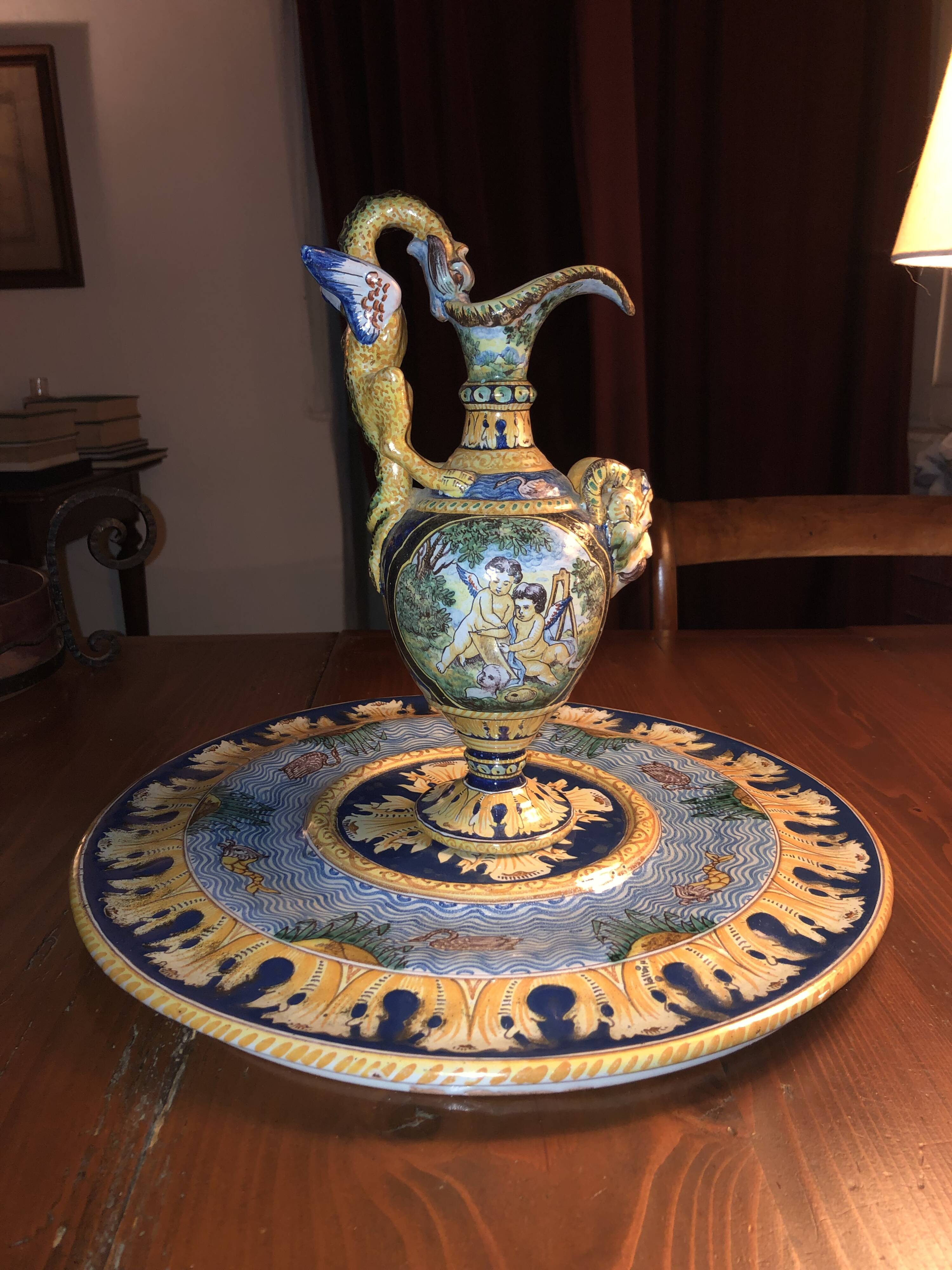 Ewer on base in Nevers earthenware Aintoine Montagnon max diameter 40 cm height 28cm