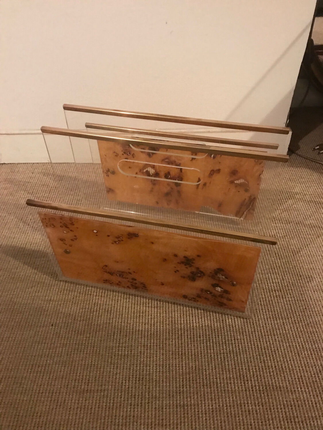Lucite and brass magazine rack, 1970-80.