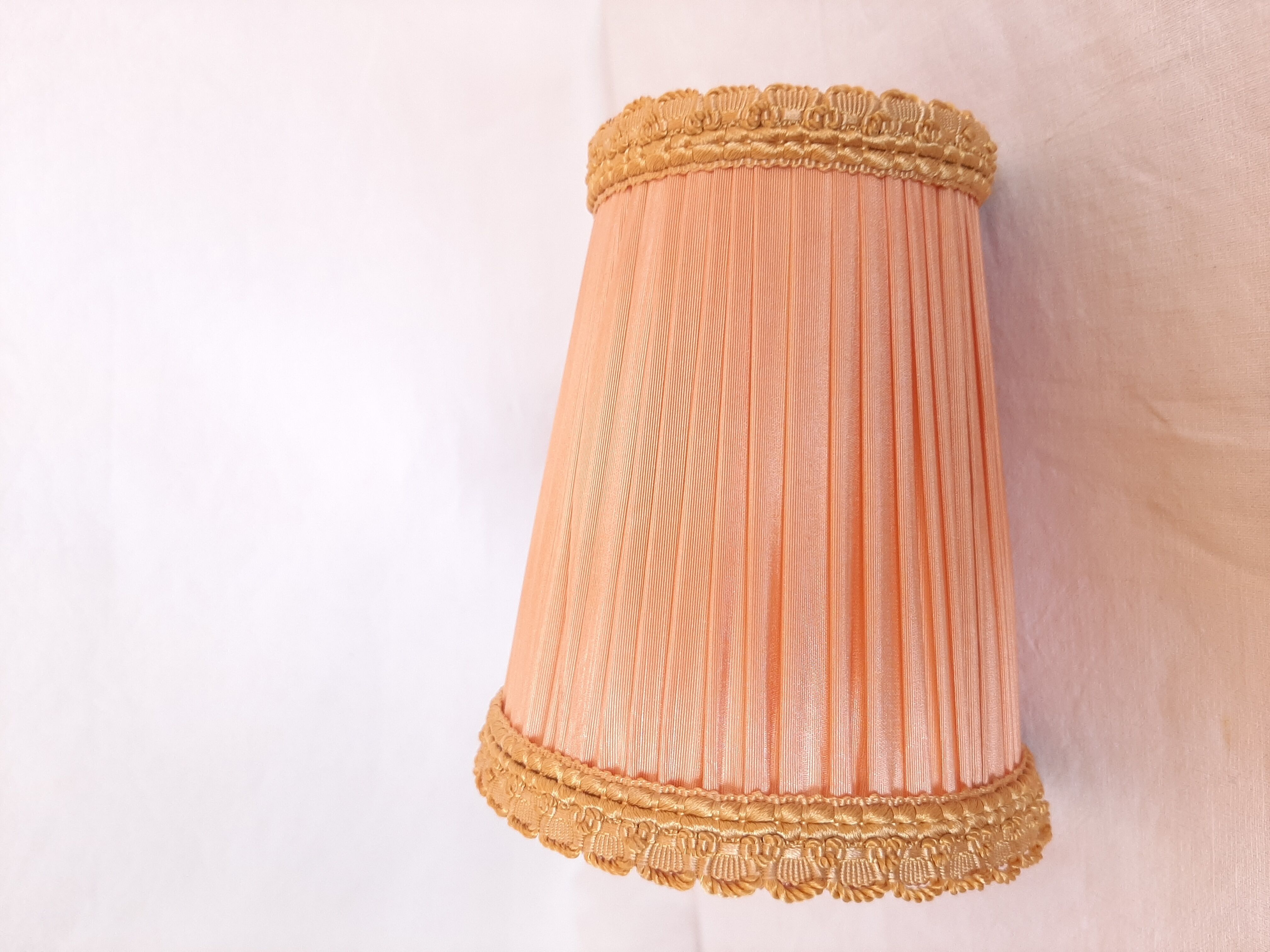 5 lampshades with clips for chandelier, 60s, pleated taffetas peach and golden trimmings