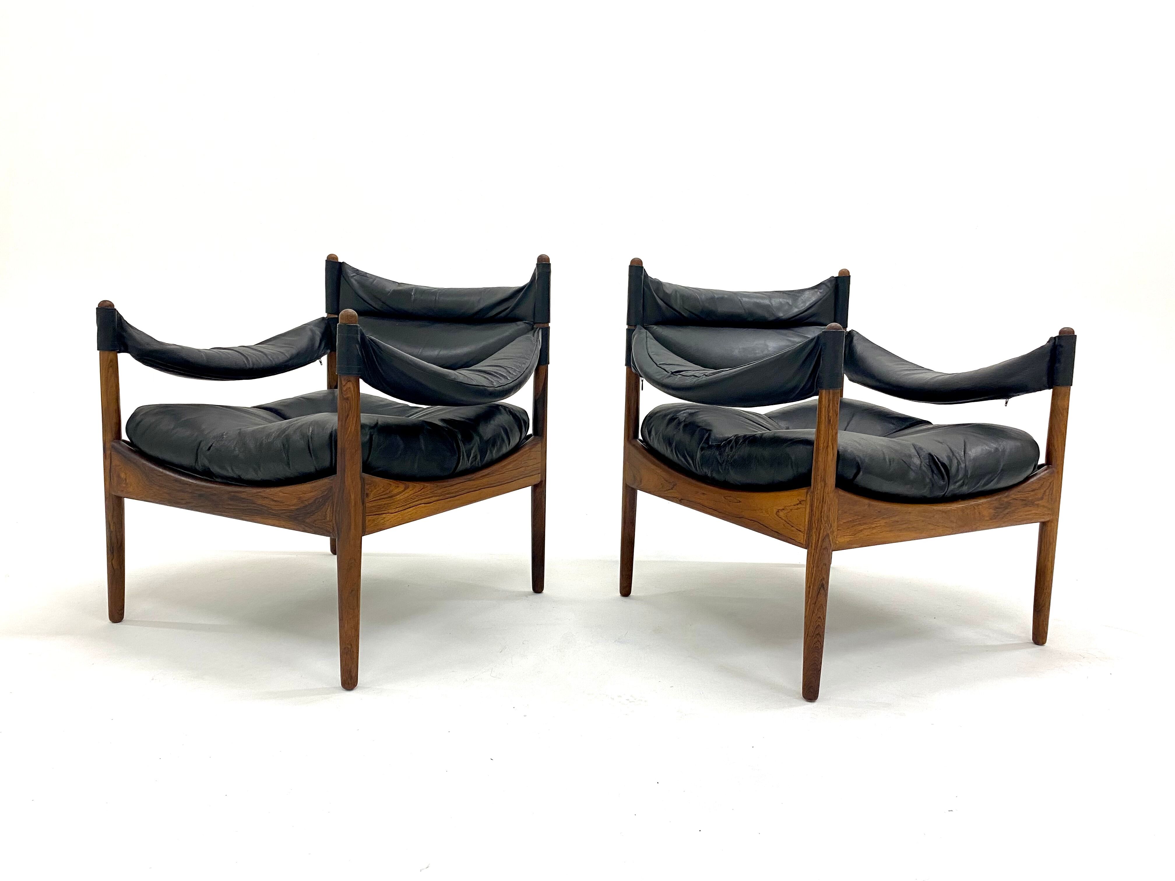 Pair of Modus armchairs in rosewood and leather, Kristian Solmer Vedel for Soren Willadsen 1960