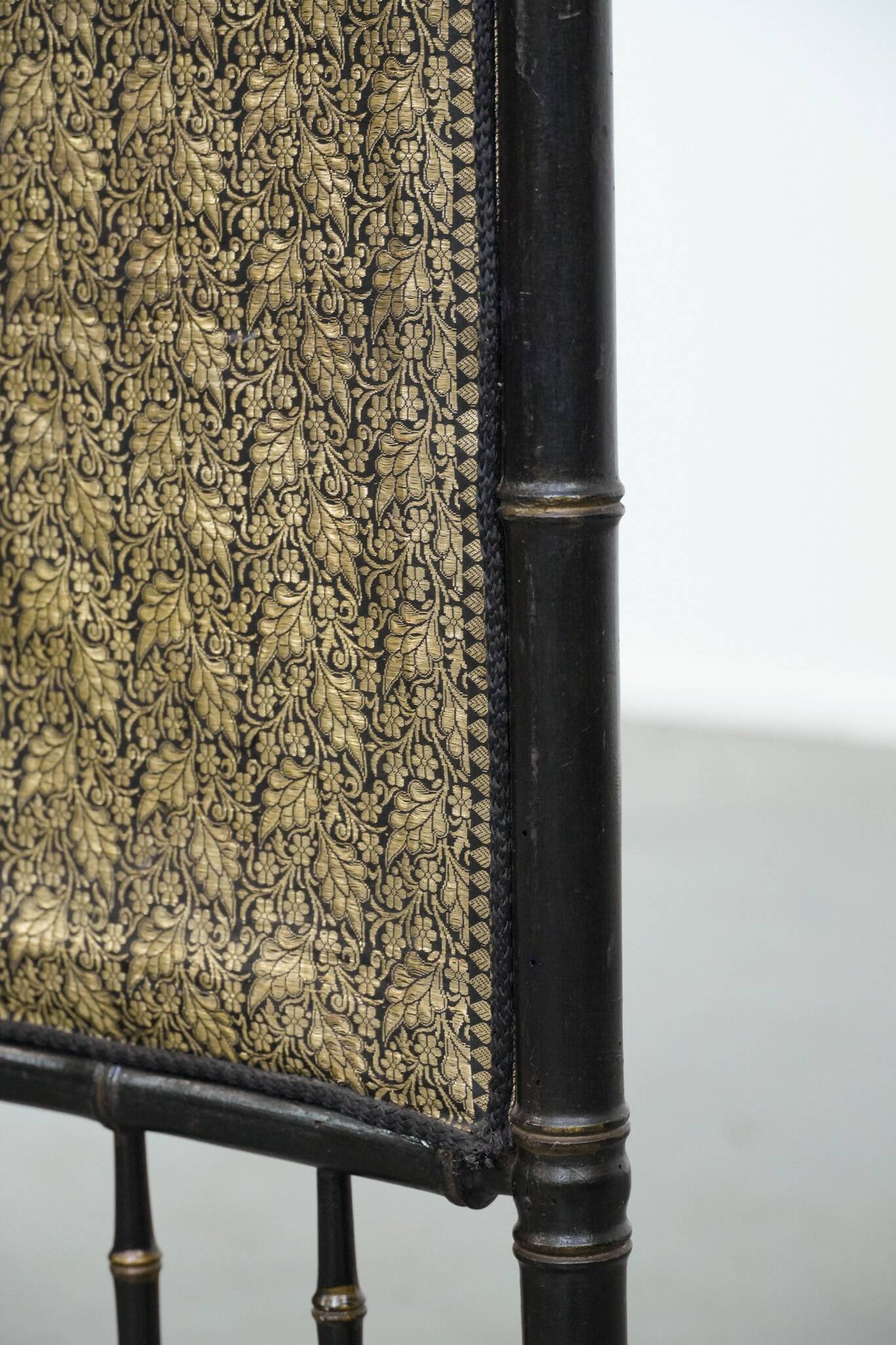 Antique French faux bamboo firescreen with luxurious fabric