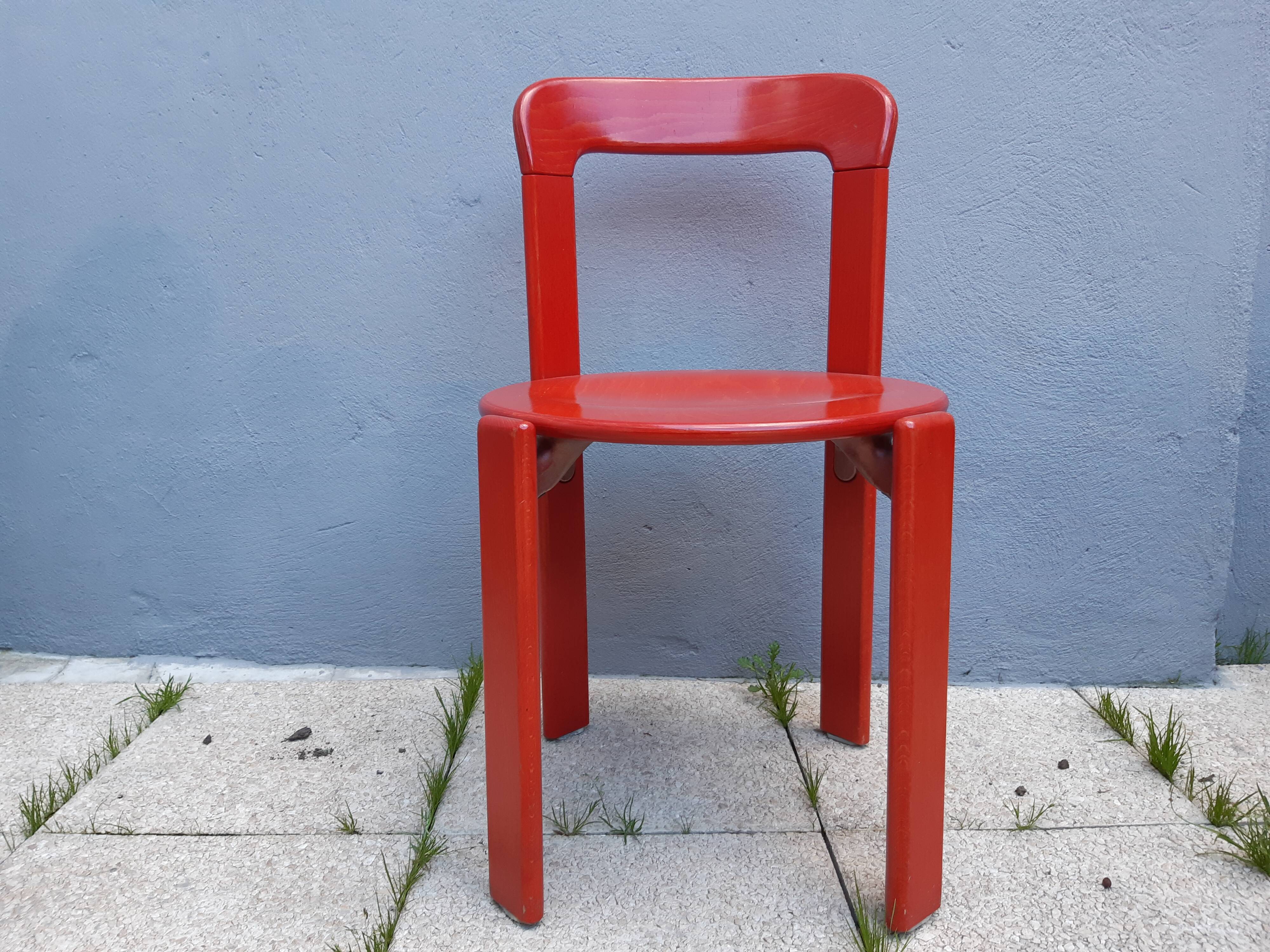 Set of 10 red wooden chairs by Bruno Rey for Kusch&Co