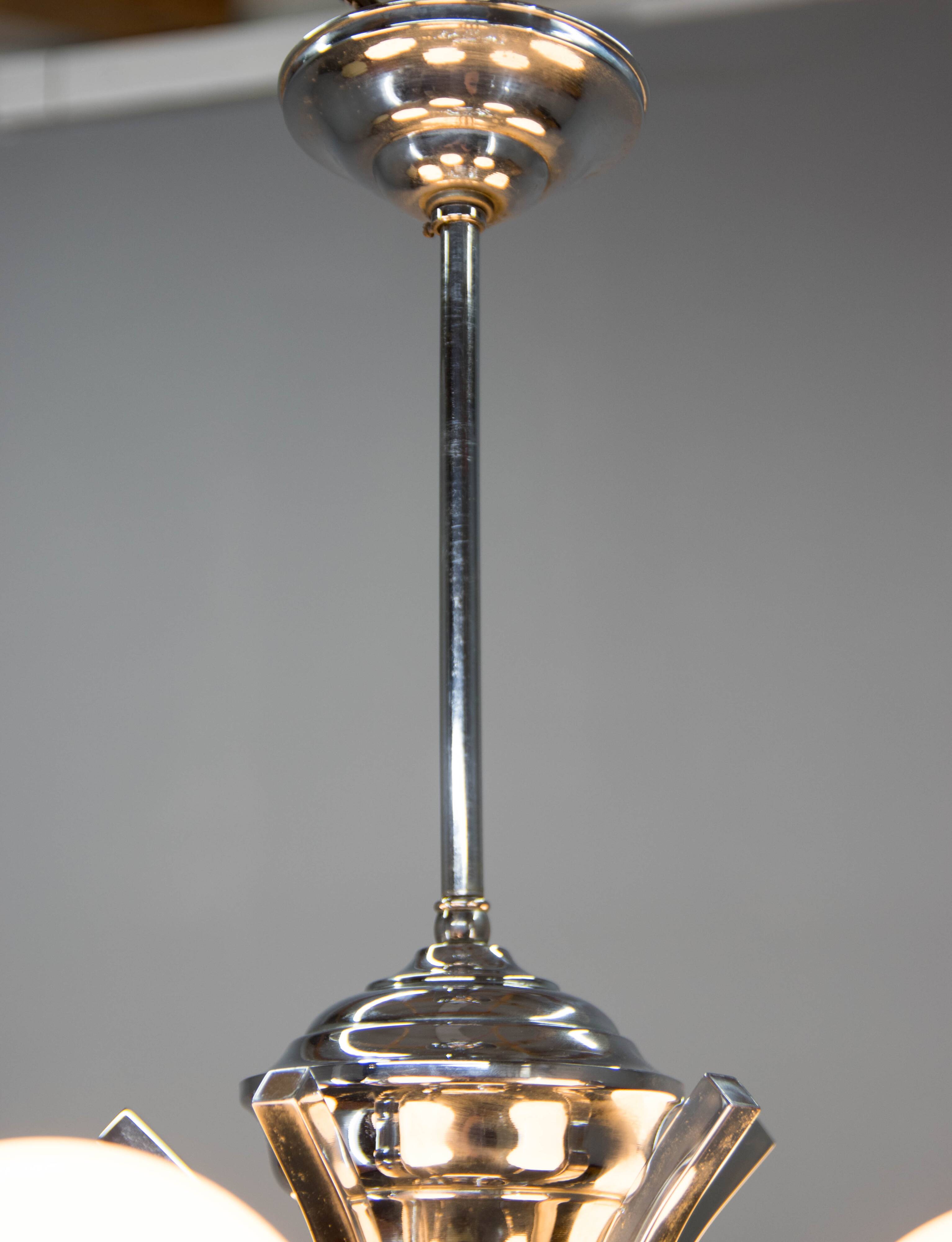 Big Art Deco 6-flamming Chrome and Glass Chandelier, 1930s