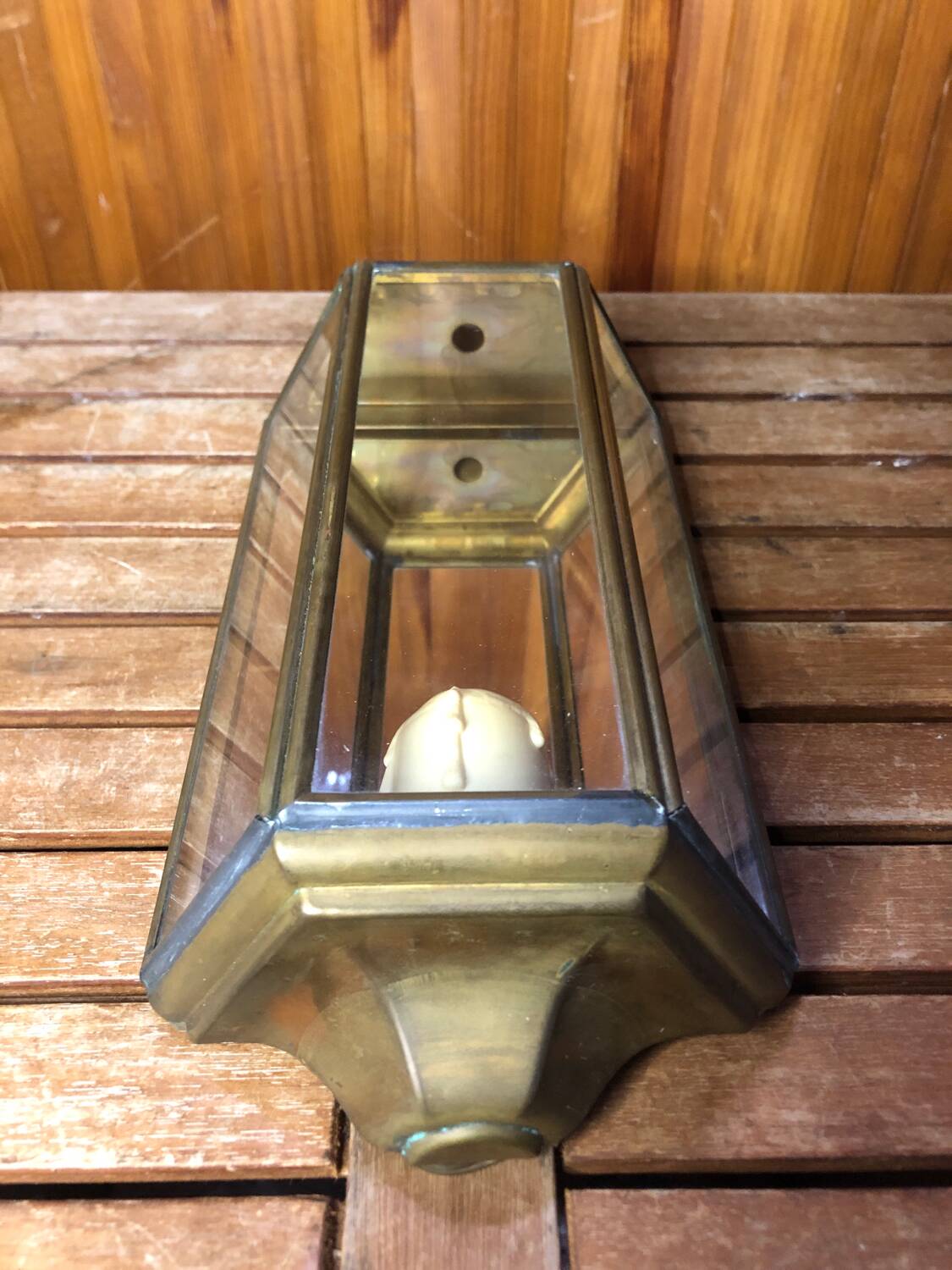 Old Brass Lantern Wall Lamp with Mirrored Background + Vintage Glass Plates