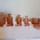 Set of 4 bottles and an art deco box in pink Bayel crystal