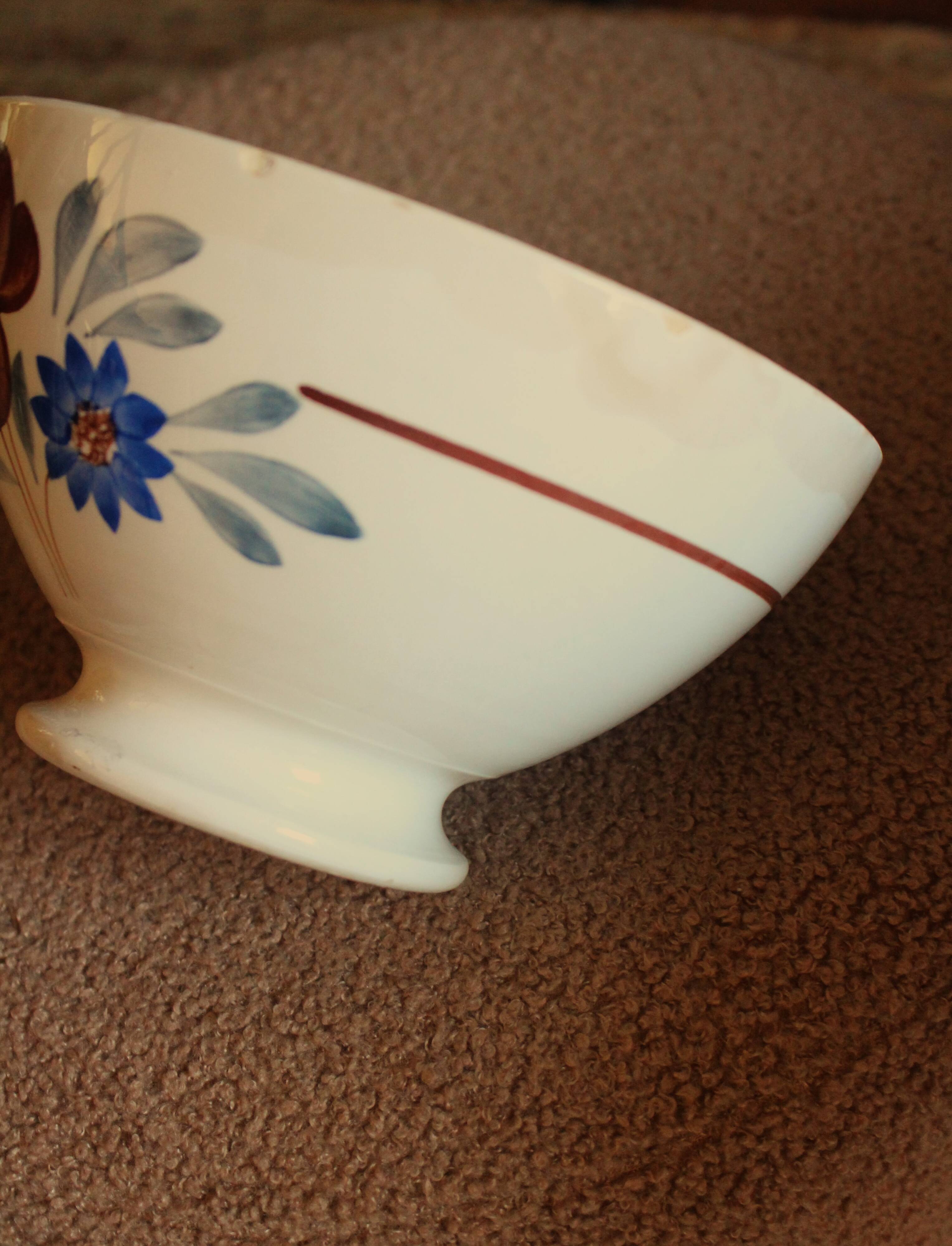 Grand Bol sur pied Faïence Digoin Sarreguemines fleurs brun bleu