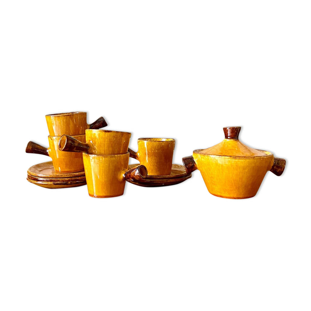 Lot De 5 Tasses à Café En Opale émaillée Avec Soucoupes - Multicolore - Occasion En TBE