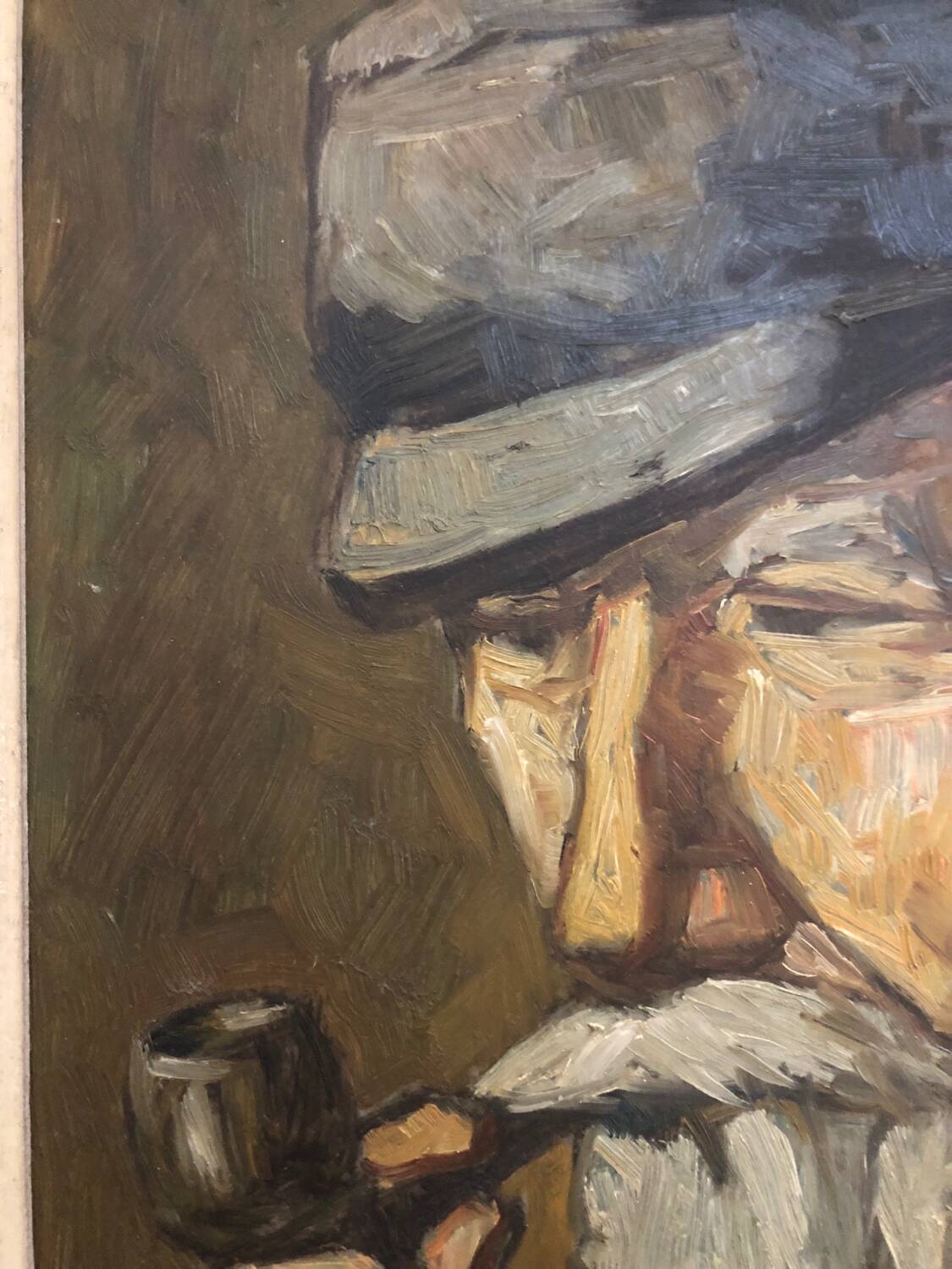 Oil on panel portrait of elderly man with pipe signed