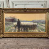 “Shepherd and his flock”, watercolor on paper, signed Maurice Hagemans