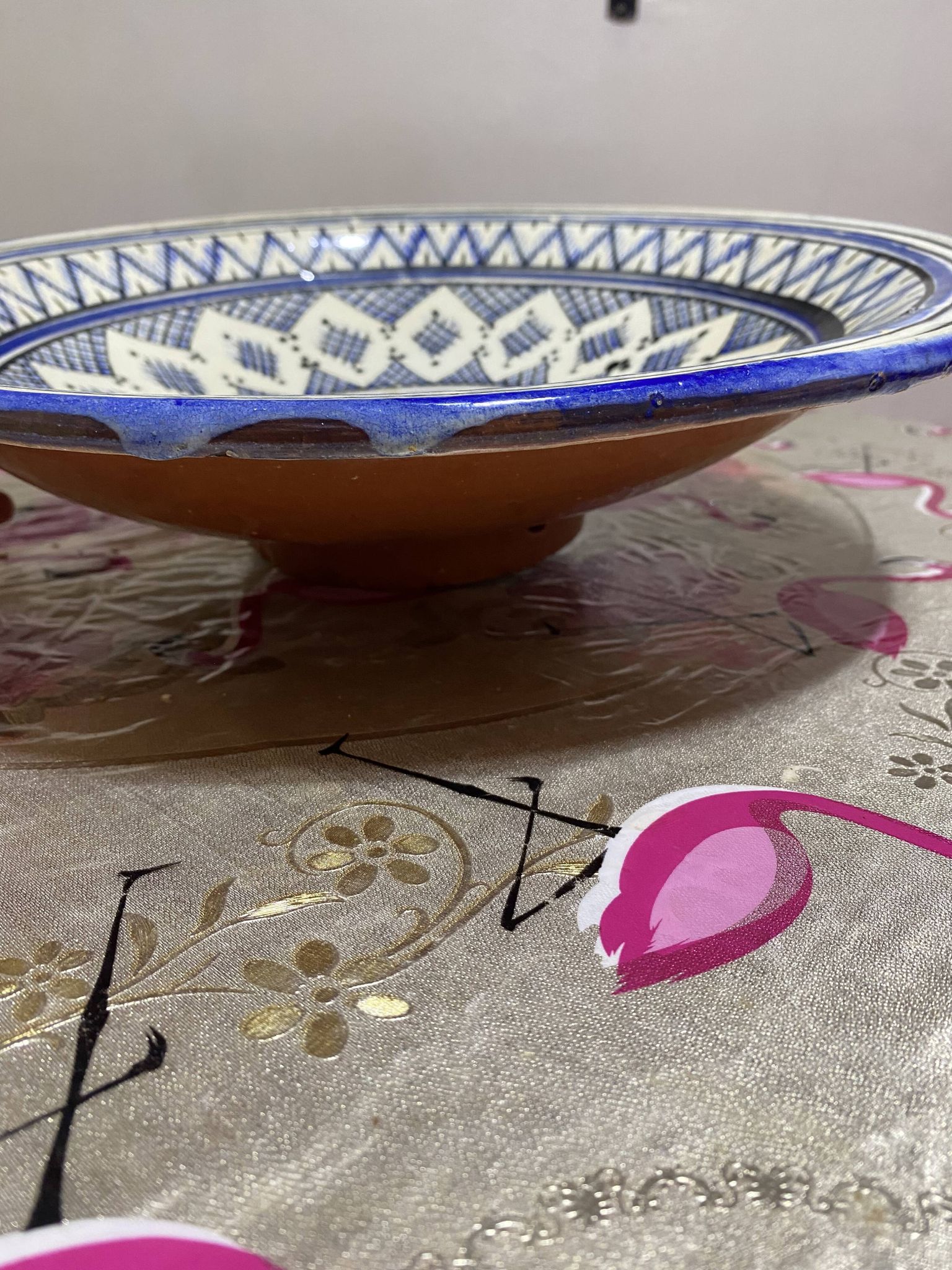 Moroccan dish in handcrafted sculpted ceramic, blue geometric patterns and