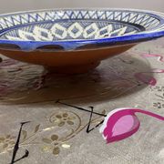 Moroccan dish in handcrafted sculpted ceramic, blue geometric patterns and