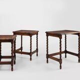 20th Century set of 3 oak and rattan nesting tables