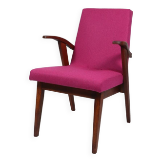 Vintage armchair hot pink natural wool fabric mid century modern design 1960 restored salon patio chair