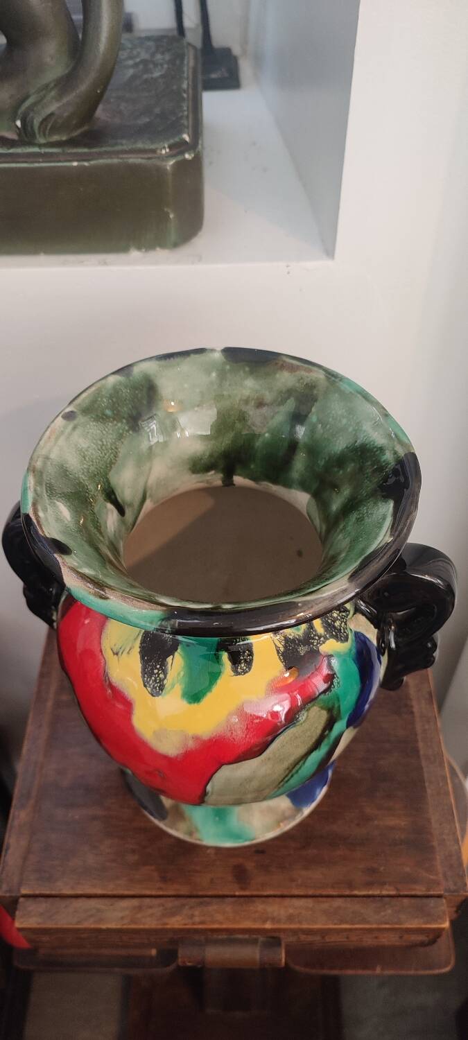 Art Deco vase in ceramic with flame glazes