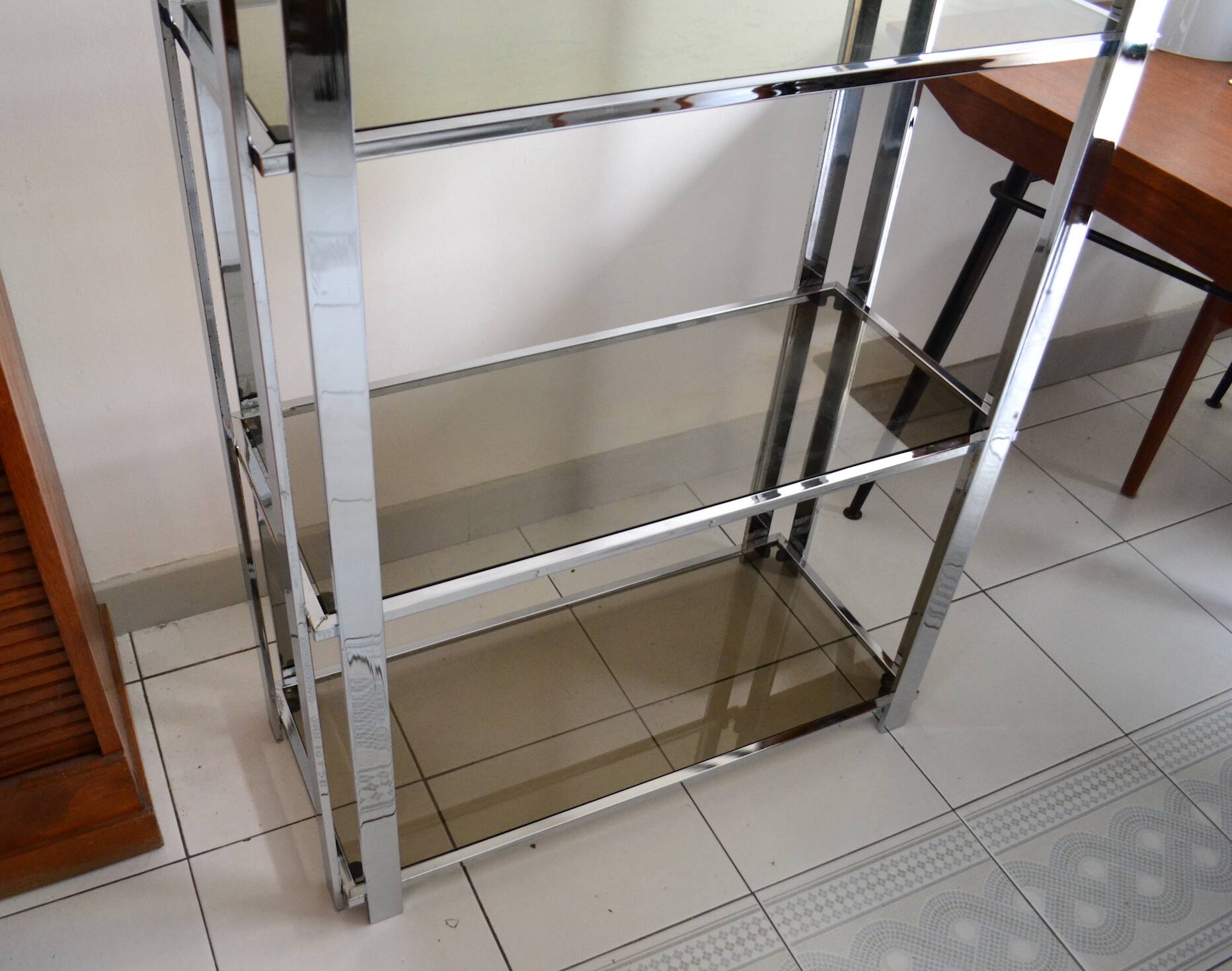 1970s smoked glass chrome bookshelf