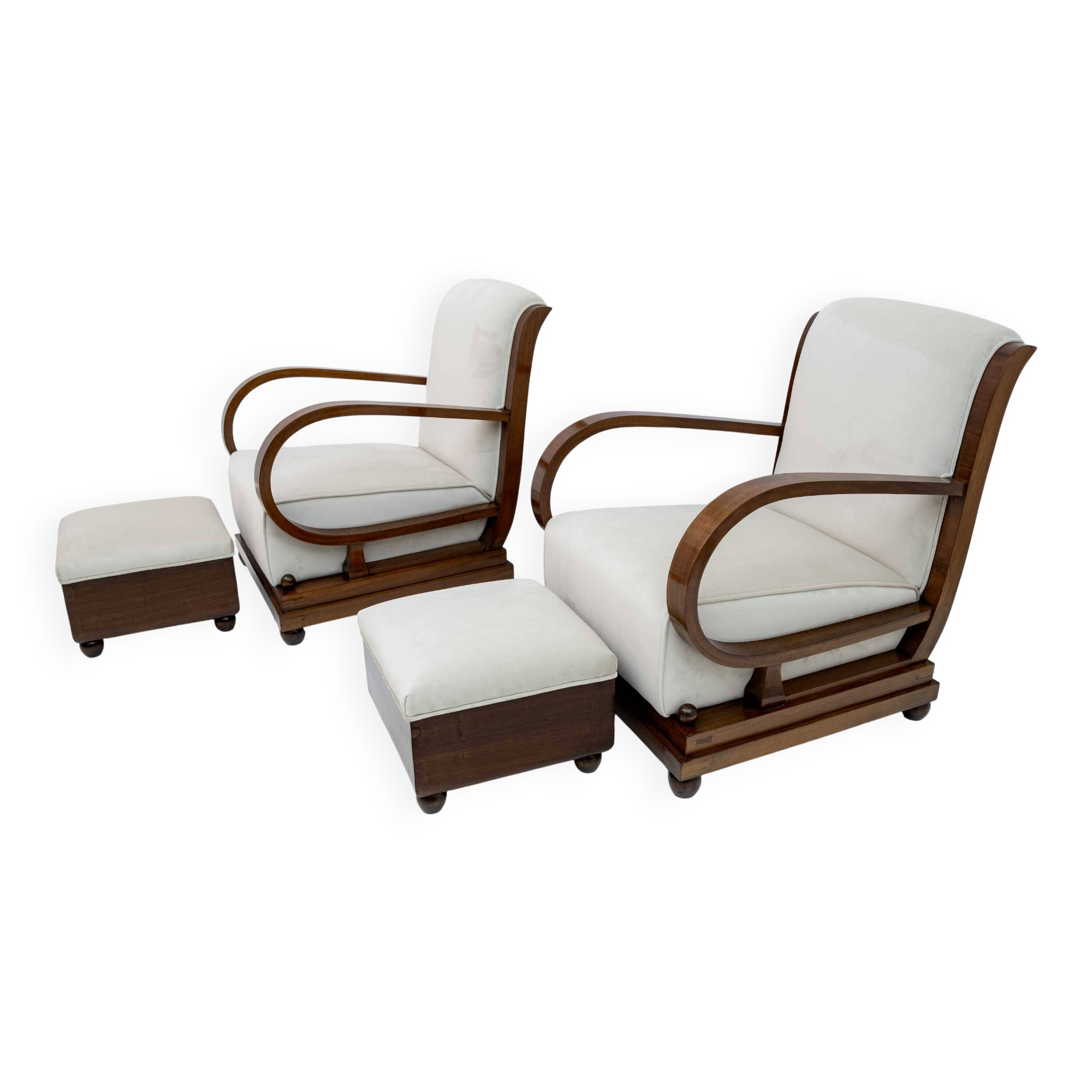 Pair of Art Dèco Italian Walnut and Velvet Armchairs and Two Ottomans, 1920