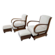 Pair of Art Dèco Italian Walnut and Velvet Armchairs and Two Ottomans, 1920