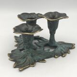 3-flower brass candlestick with green patina
