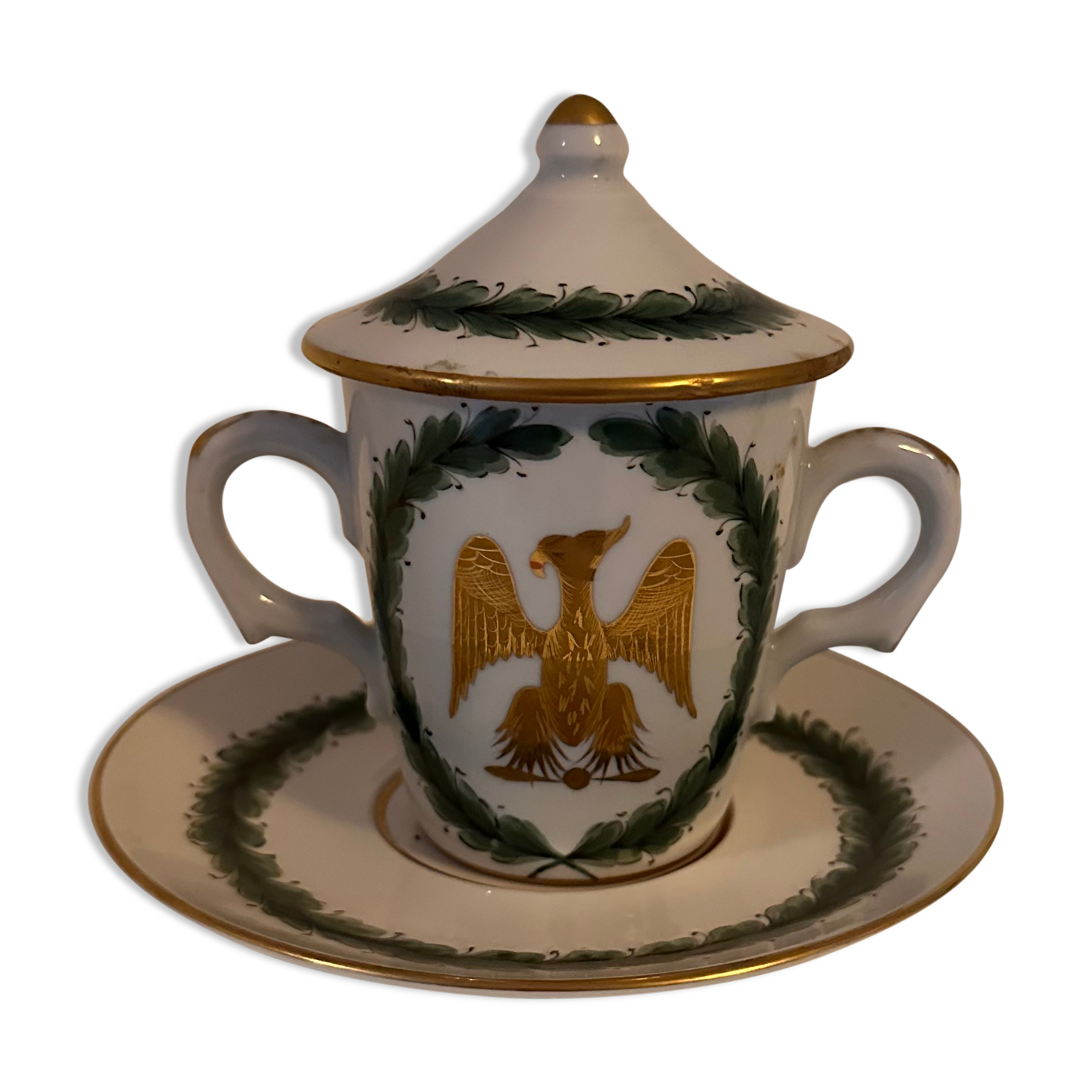 Porcelain cup of snake in the colors of Napoleon with its saucer and lid
