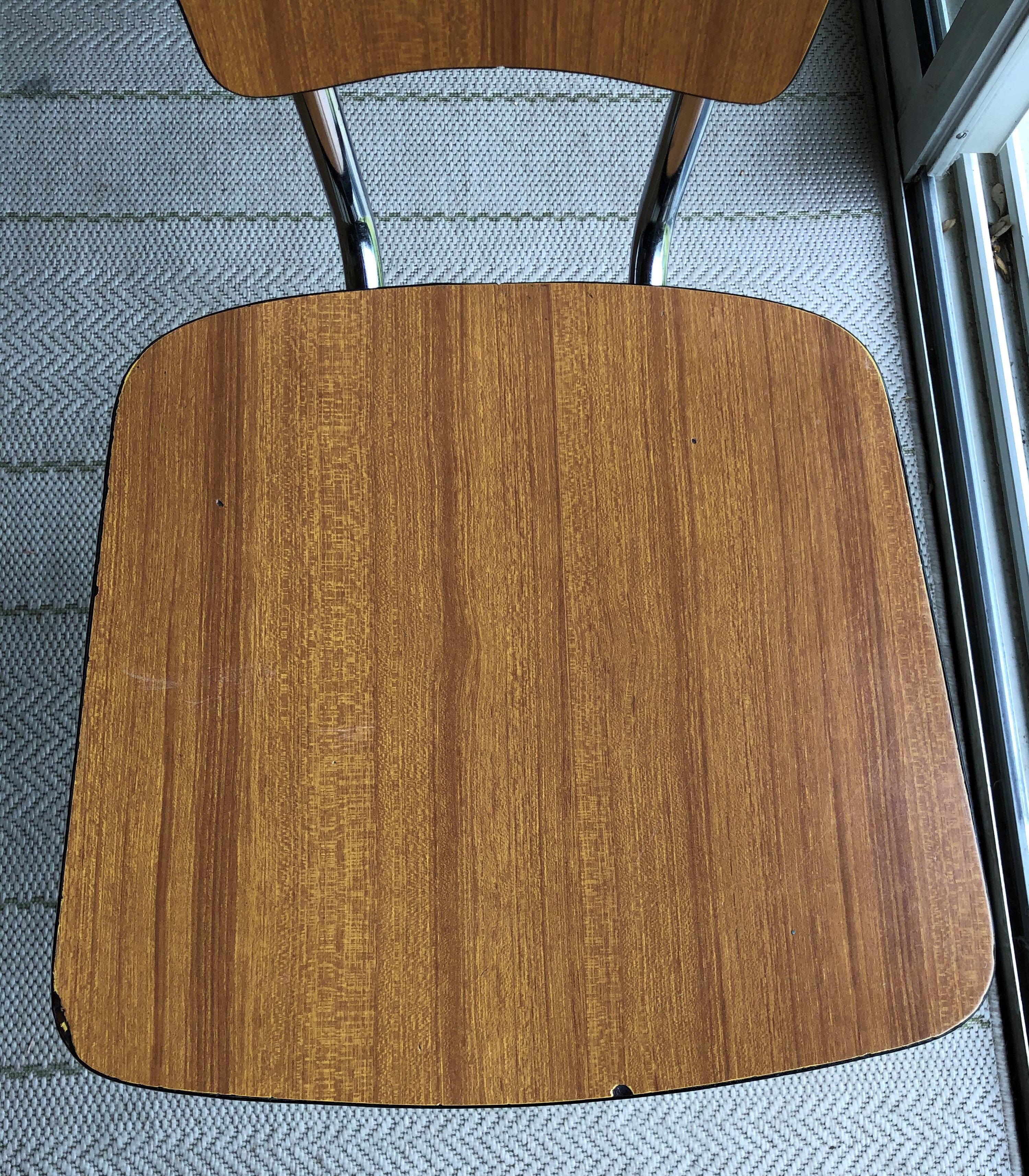 Duo of chairs in formica imitation brown wood and eiffel feet