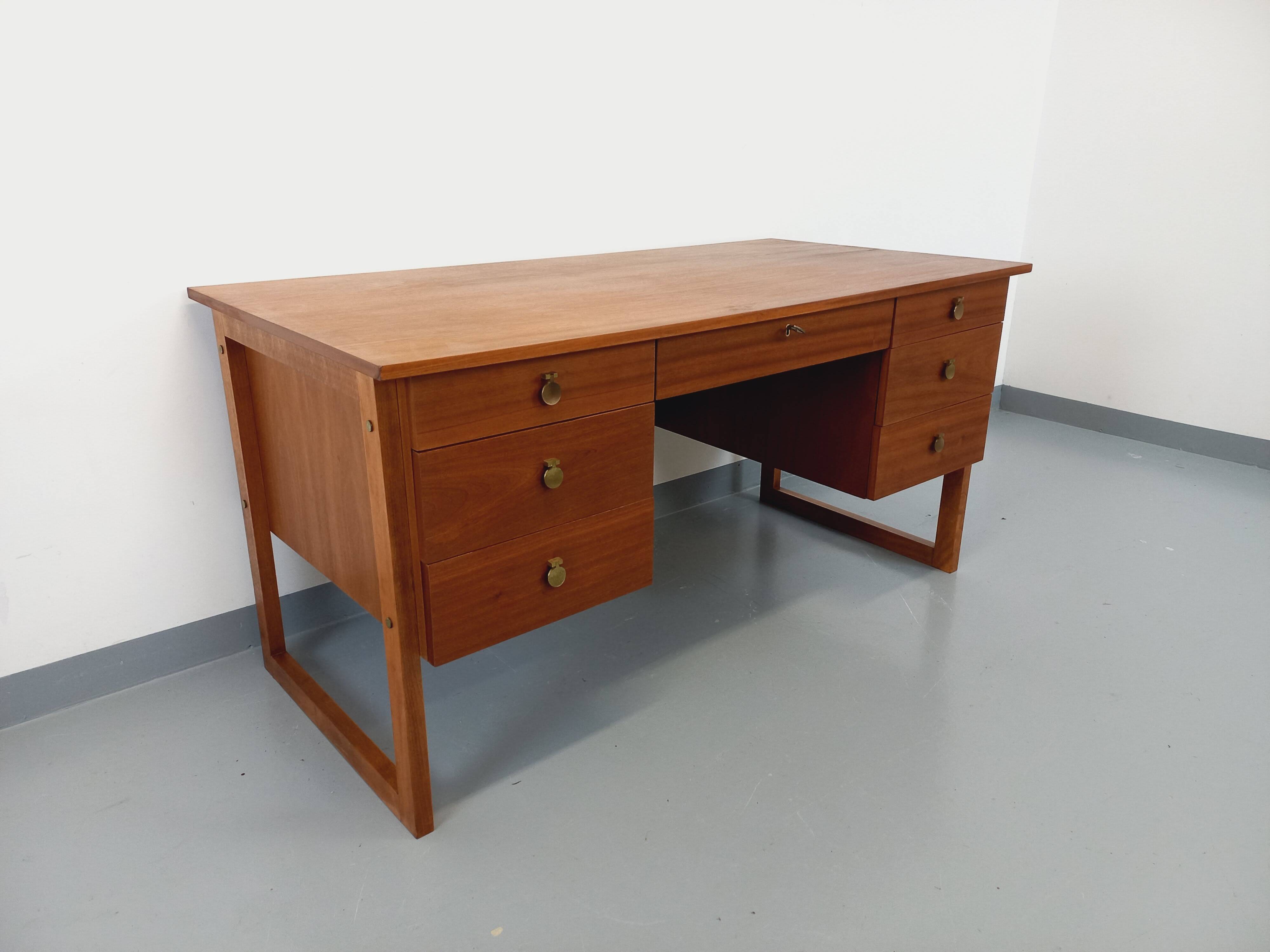Double-sided executive desk sled legs vintage Scandinavian style in teak from the 60s