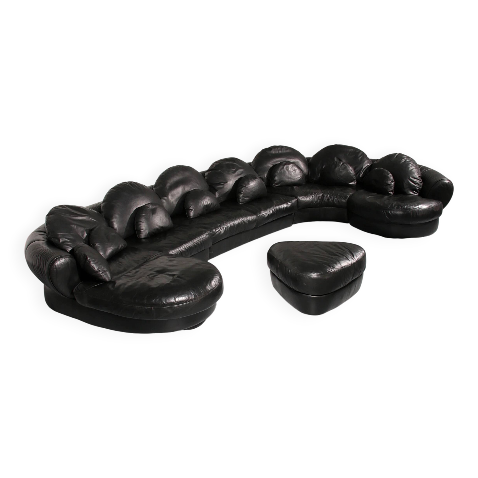 Organically shaped post-modern sectional sofa in black leather
