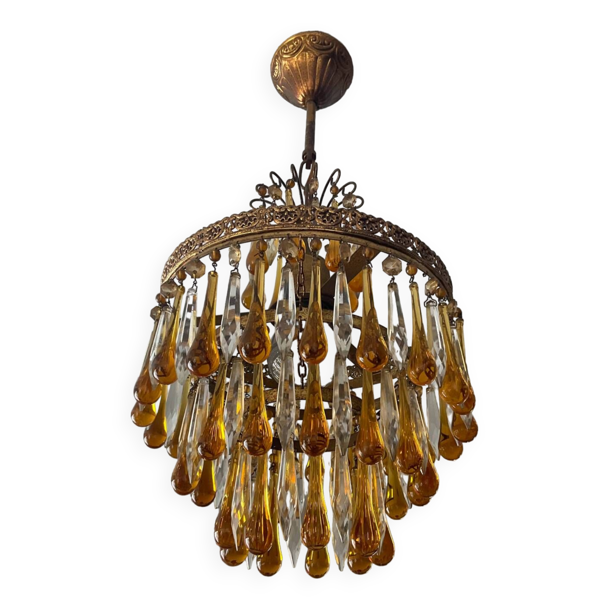 Vintage chandeliers with amber glass tassels and drops