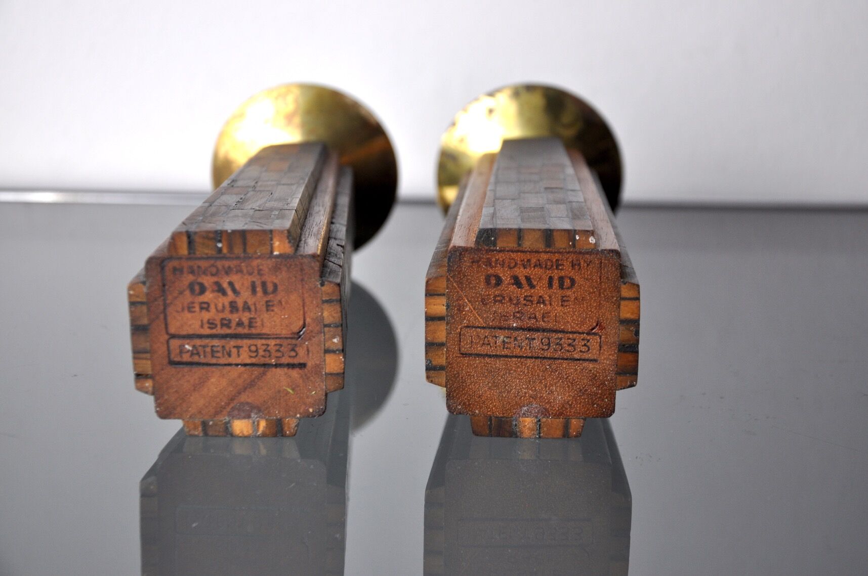 Pair of "David" candlesticks in olive wood, Handcrafted in Israel, 1960