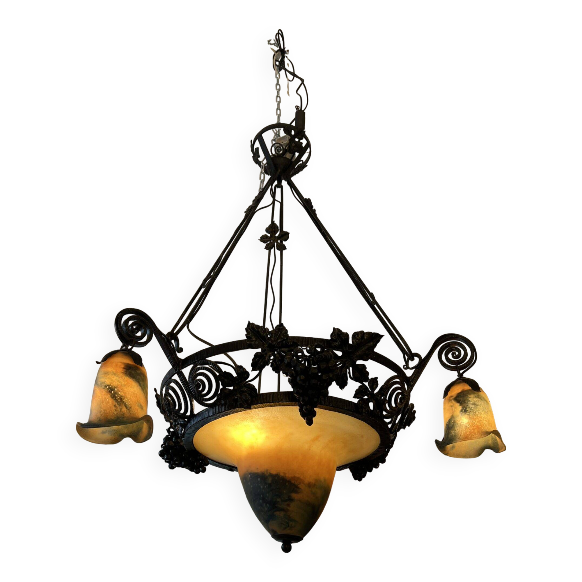 Imposing contemporary art deco style chandelier, glass paste and wrought iron